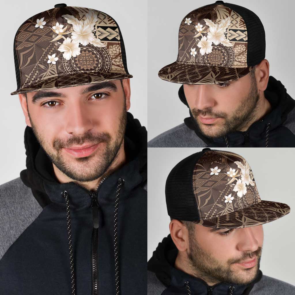 Samoa Siapo Pattern With Brown Hibiscus Mesh Trucker Cap LT05 - Polynesian Pride