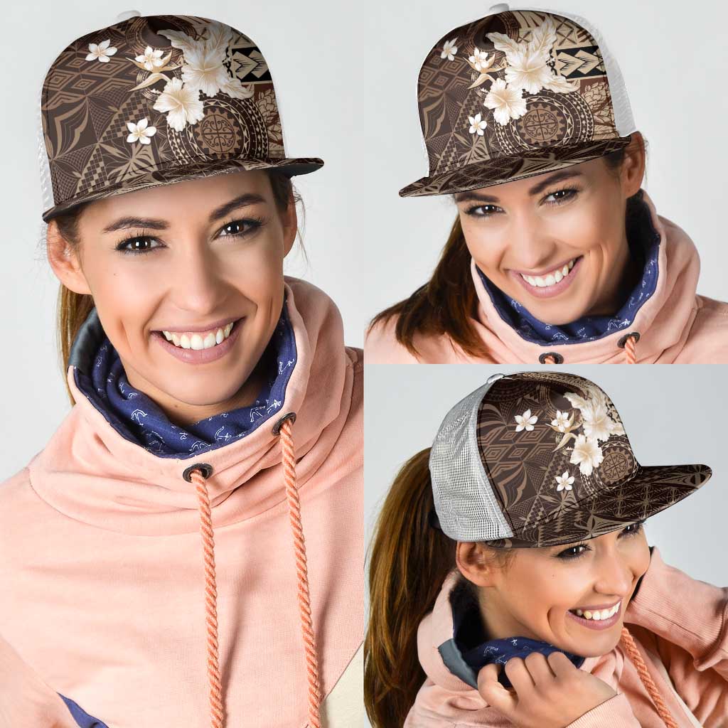 Samoa Siapo Pattern With Brown Hibiscus Mesh Trucker Cap LT05 - Polynesian Pride