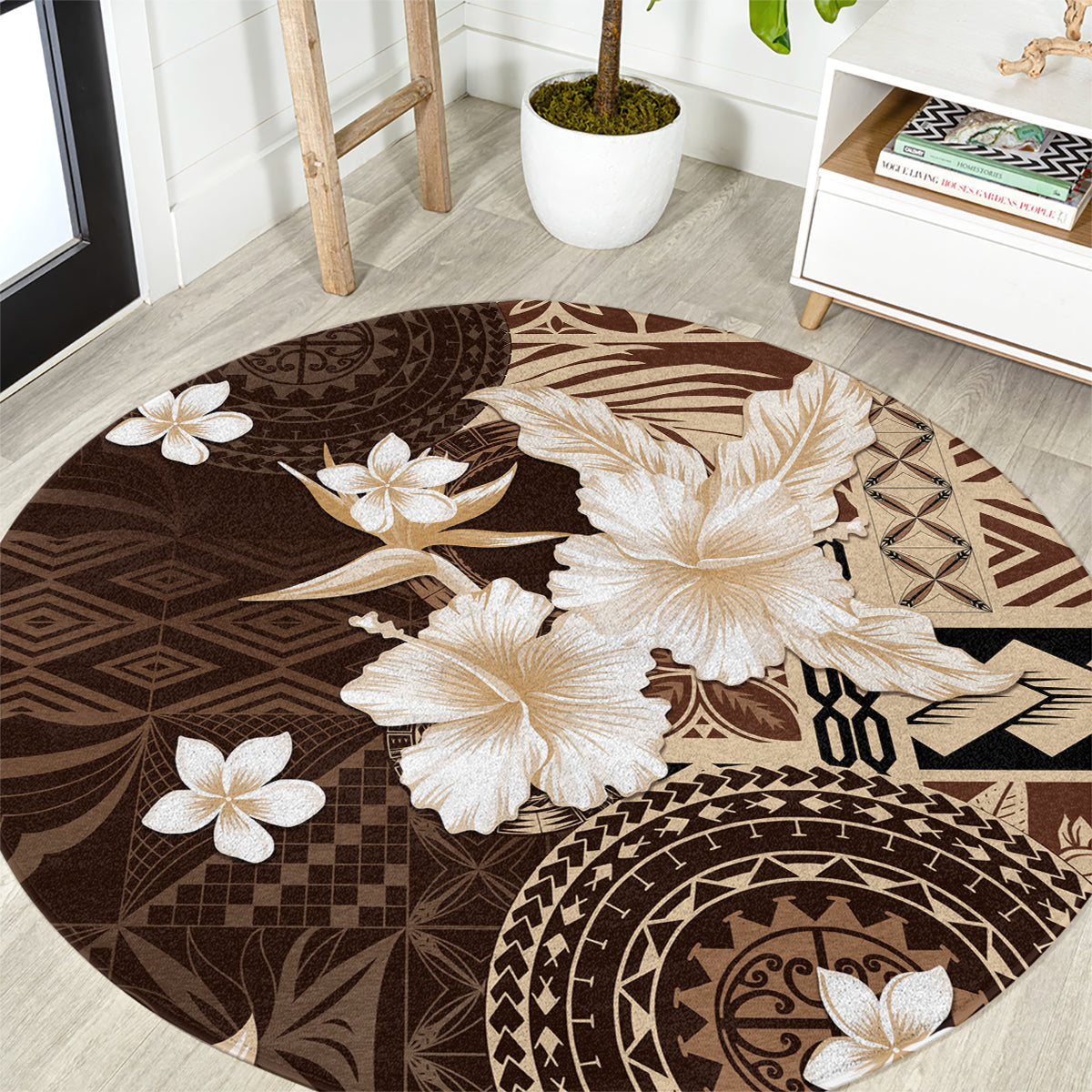 Samoa Siapo Pattern With Brown Hibiscus Round Carpet LT05 Brown - Polynesian Pride