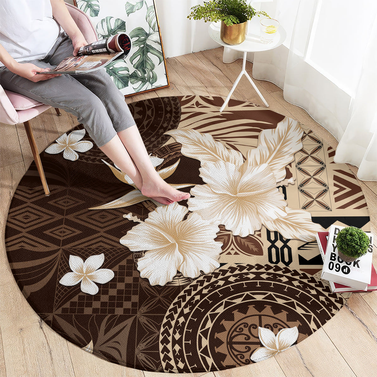 Samoa Siapo Pattern With Brown Hibiscus Round Carpet LT05 - Polynesian Pride