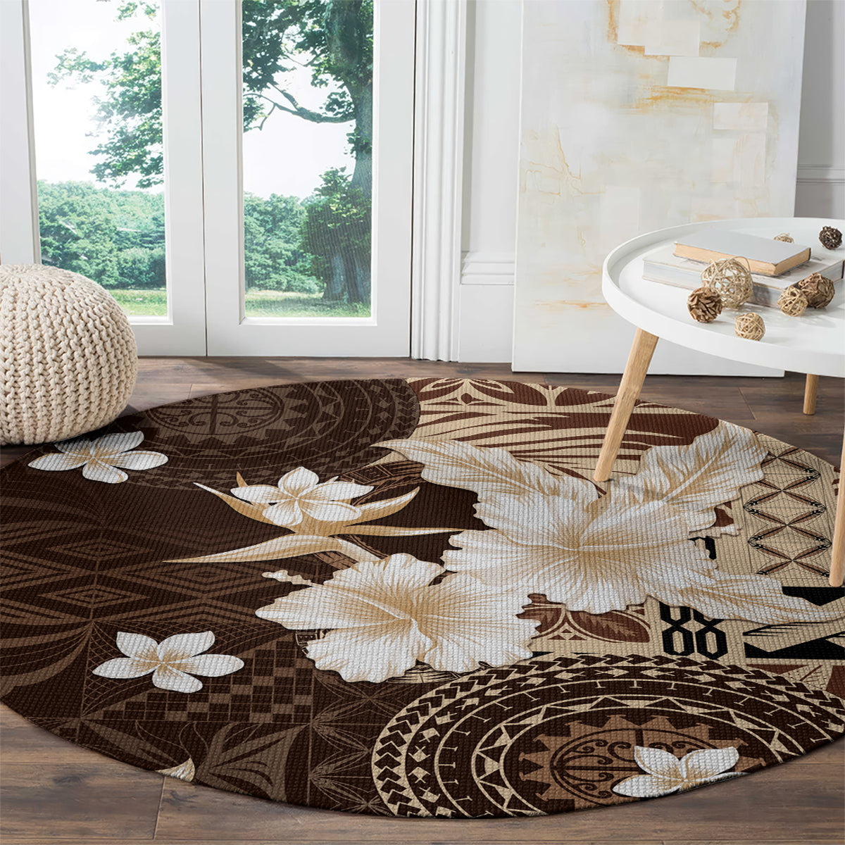 Samoa Siapo Pattern With Brown Hibiscus Round Carpet LT05 - Polynesian Pride