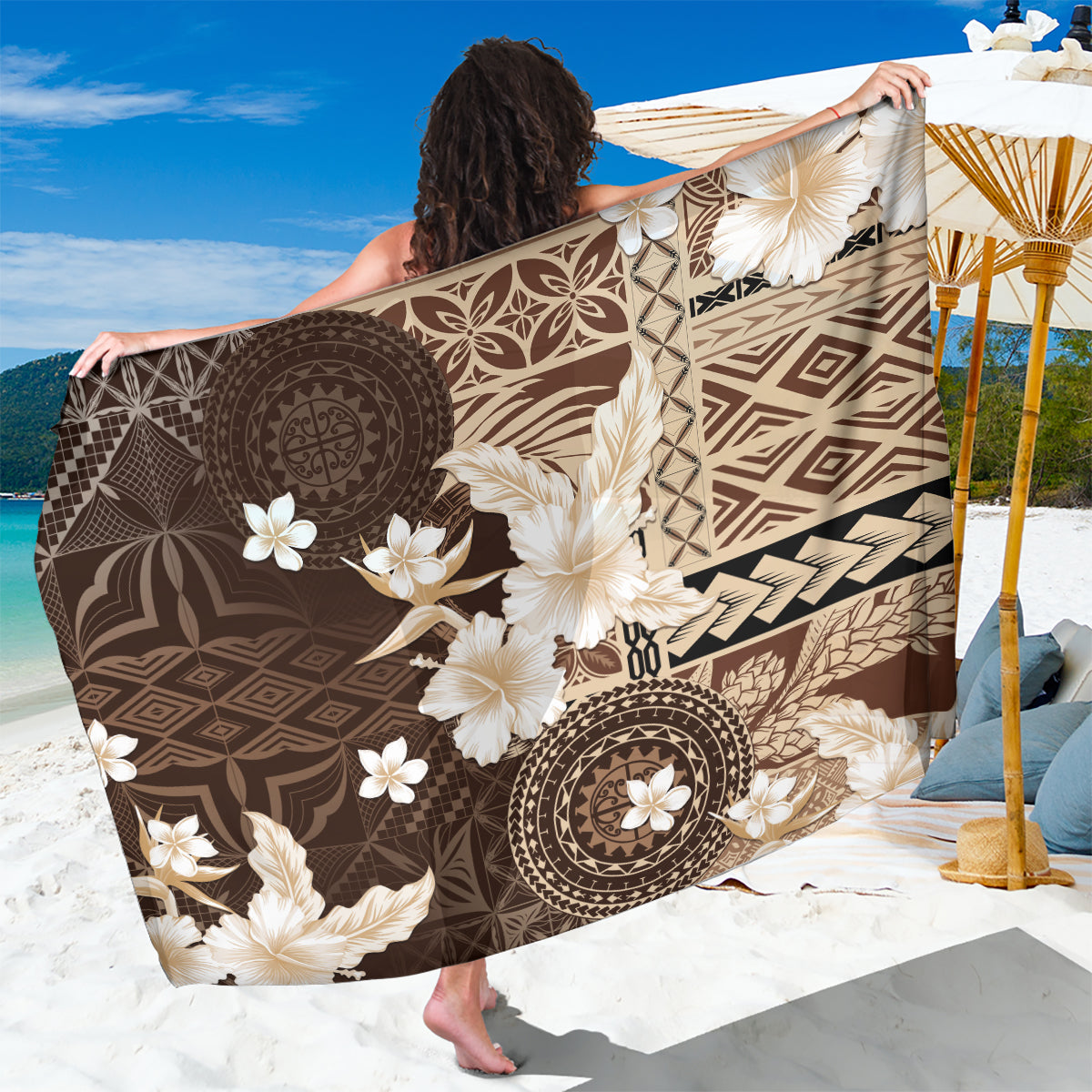 Samoa Siapo Pattern With Brown Hibiscus Sarong LT05 One Size 44 x 66 inches Brown - Polynesian Pride