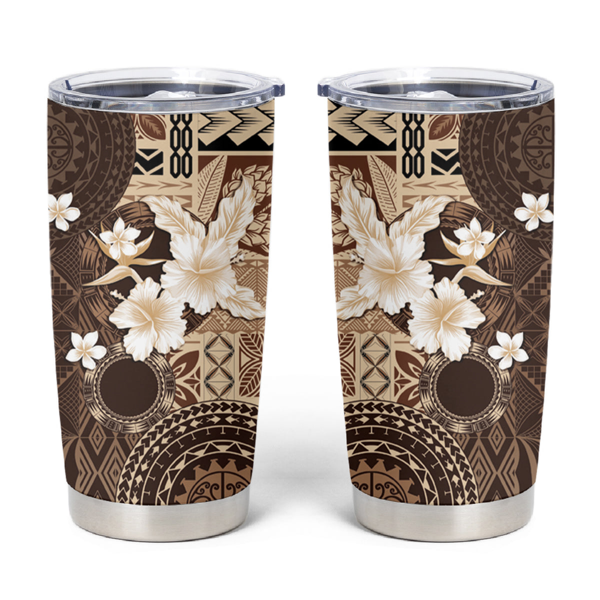 Samoa Siapo Pattern With Brown Hibiscus Tumbler Cup LT05 Brown - Polynesian Pride