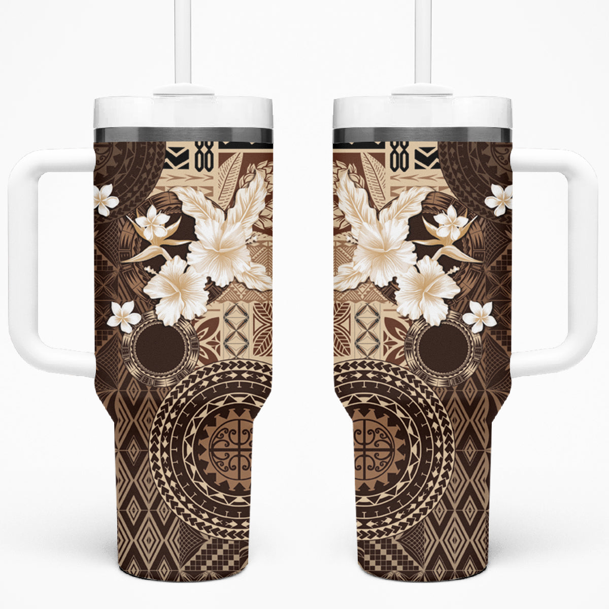 Samoa Siapo Pattern With Brown Hibiscus Tumbler With Handle LT05 One Size: 40 oz Brown - Polynesian Pride