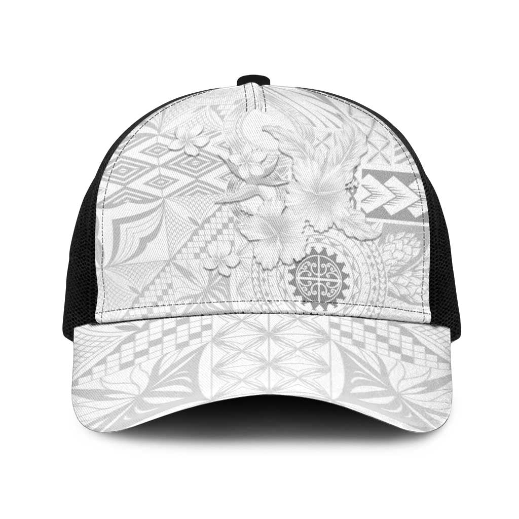 Samoa Siapo Pattern With White Hibiscus Baseball Net Cap LT05 One Size Black White - Polynesian Pride