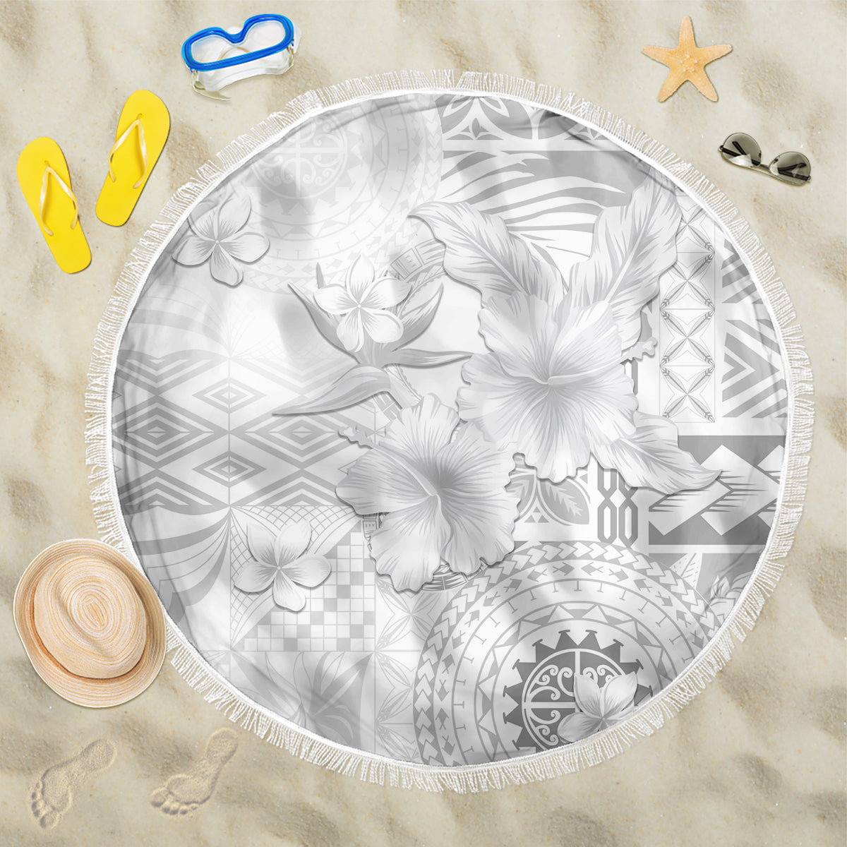 Samoa Siapo Pattern With White Hibiscus Beach Blanket LT05 One Size 150cm White - Polynesian Pride