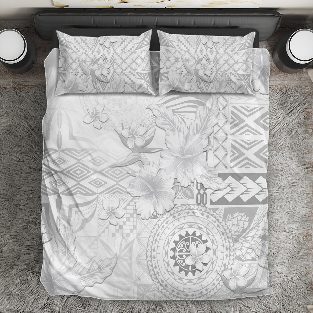 Samoa Siapo Pattern With White Hibiscus Bedding Set LT05 White - Polynesian Pride