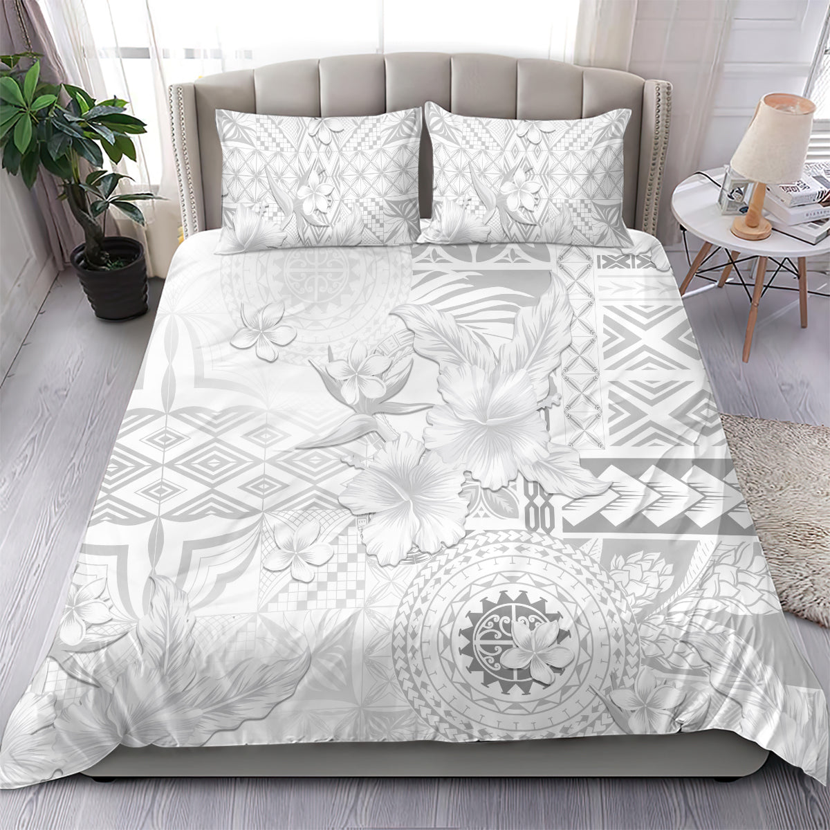 Samoa Siapo Pattern With White Hibiscus Bedding Set LT05 - Polynesian Pride