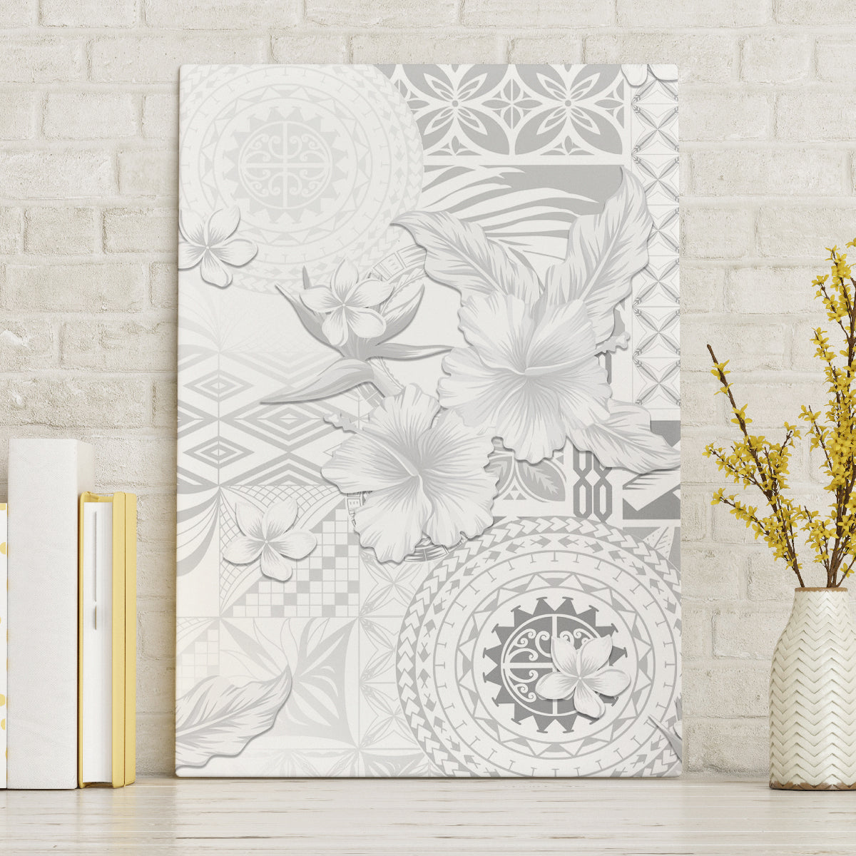 Samoa Siapo Pattern With White Hibiscus Canvas Wall Art LT05 Without Frame White - Polynesian Pride