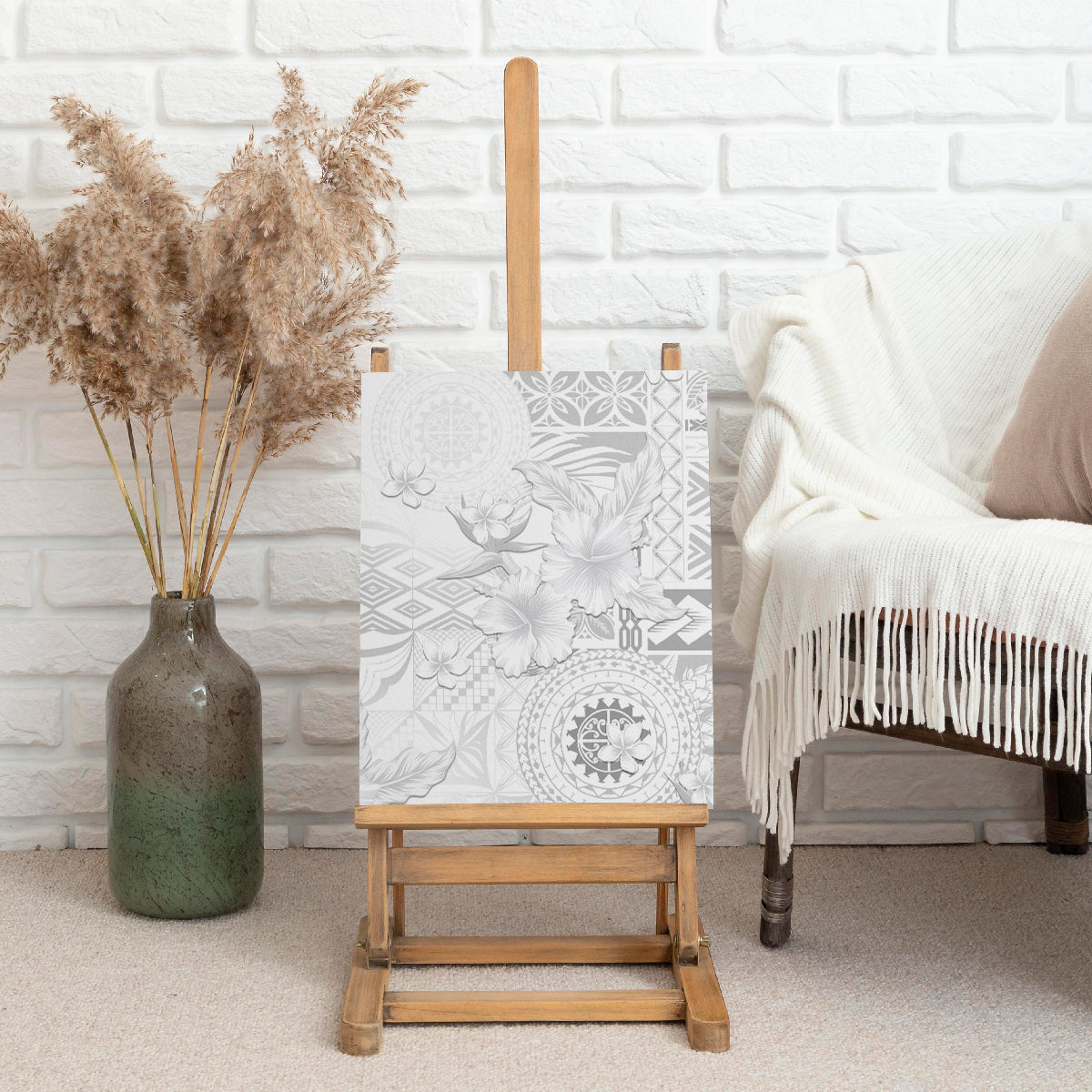 Samoa Siapo Pattern With White Hibiscus Canvas Wall Art LT05 - Polynesian Pride