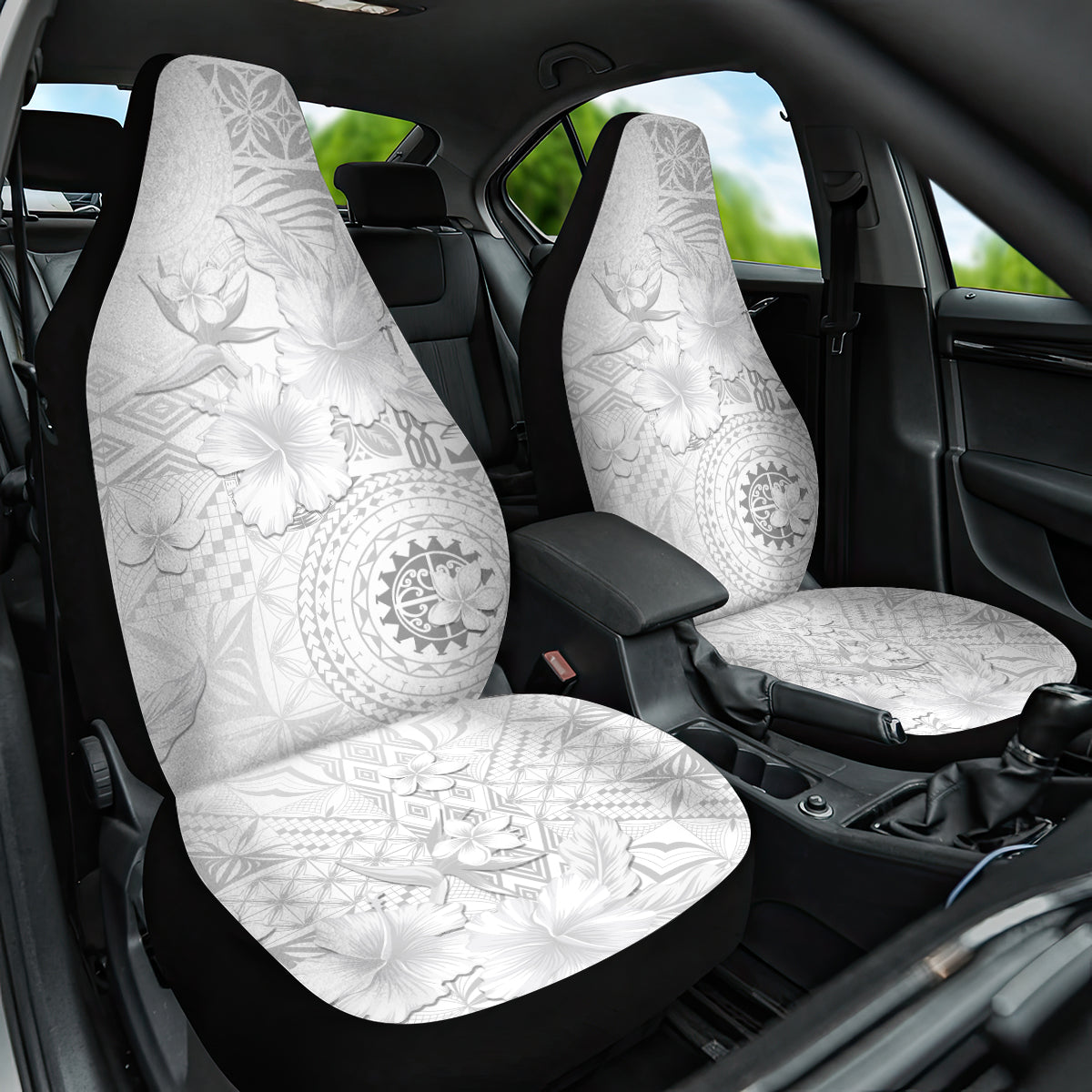 Samoa Siapo Pattern With White Hibiscus Car Seat Cover LT05 One Size White - Polynesian Pride