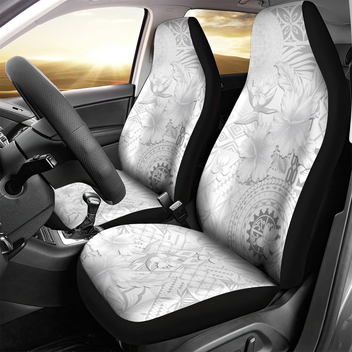 Samoa Siapo Pattern With White Hibiscus Car Seat Cover LT05 - Polynesian Pride