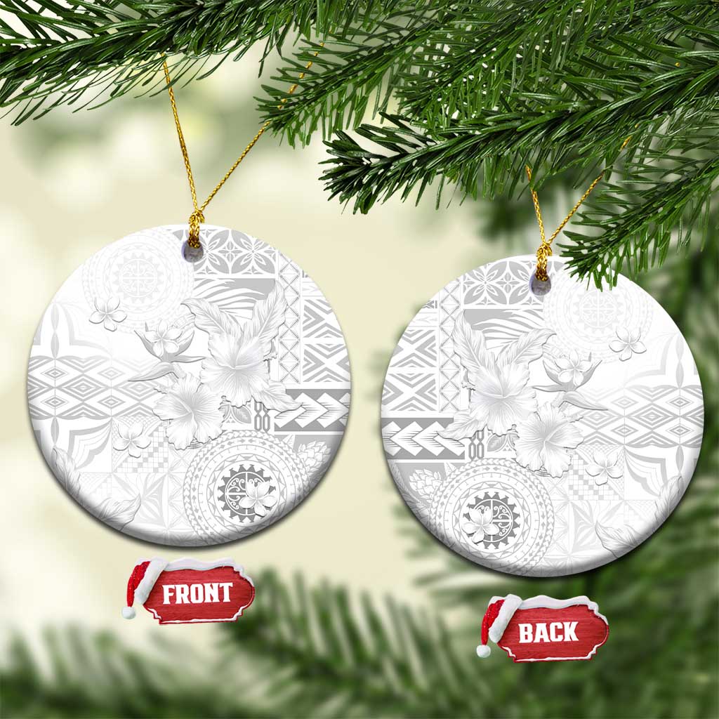 Samoa Siapo Pattern With White Hibiscus Ceramic Ornament LT05 Circle White - Polynesian Pride