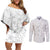 Samoa Siapo Pattern With White Hibiscus Couples Matching Off Shoulder Short Dress and Long Sleeve Button Shirt LT05 White - Polynesian Pride