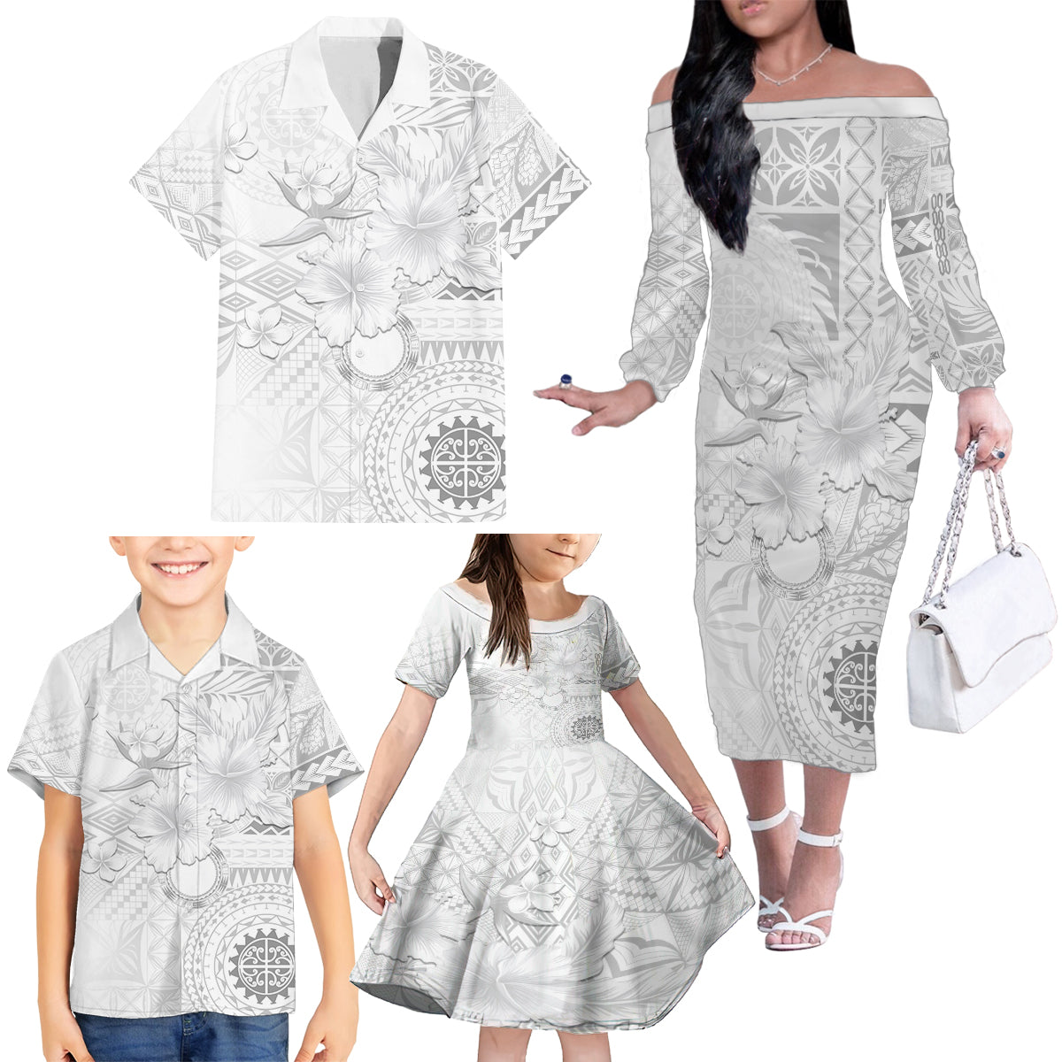 Samoa Siapo Pattern With White Hibiscus Family Matching Off Shoulder Long Sleeve Dress and Hawaiian Shirt LT05 - Polynesian Pride