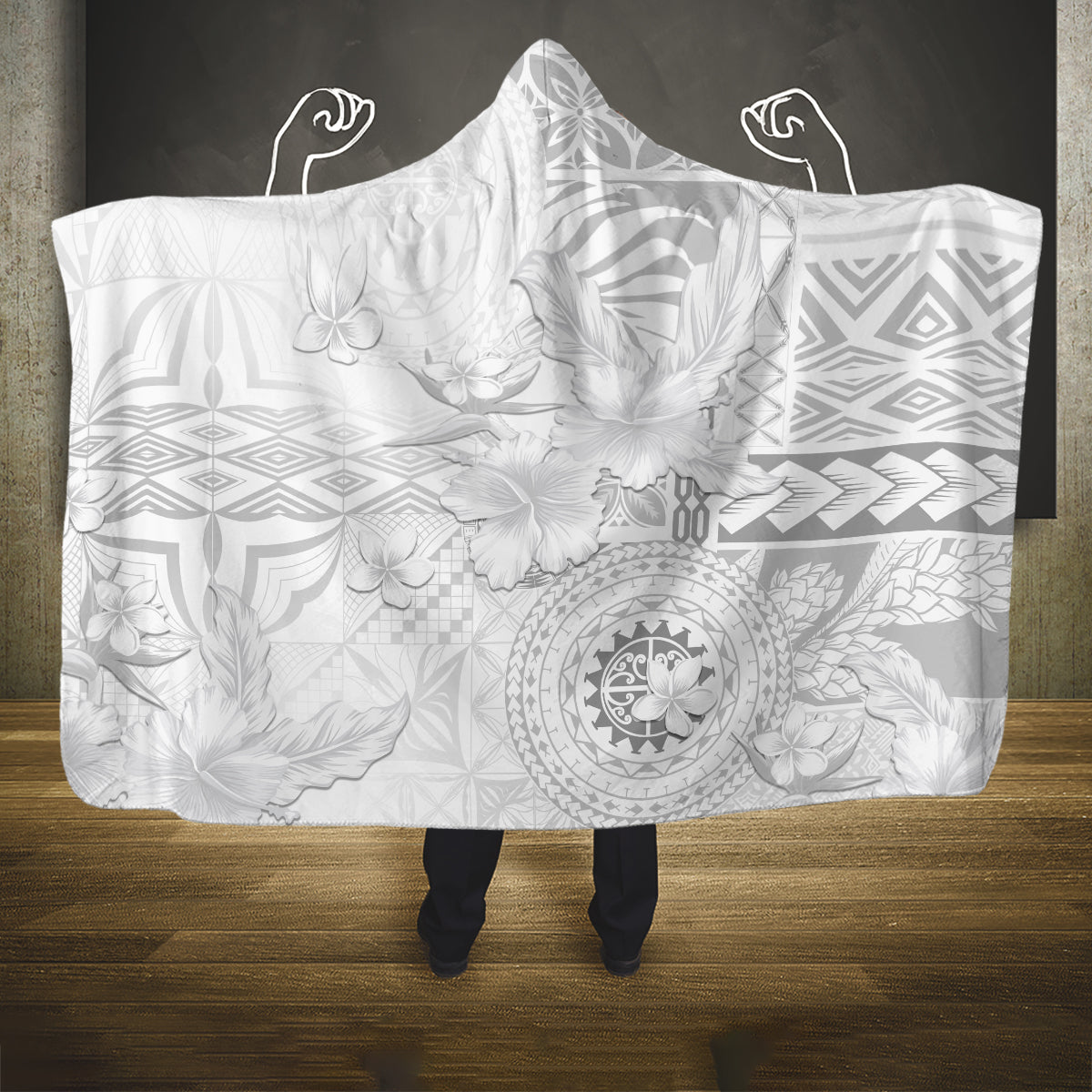 Samoa Siapo Pattern With White Hibiscus Hooded Blanket LT05 One Size White - Polynesian Pride