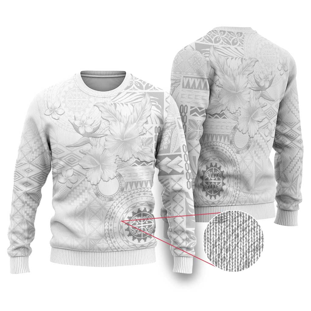 Samoa Siapo Pattern With White Hibiscus Ugly Christmas Sweater LT05 White - Polynesian Pride