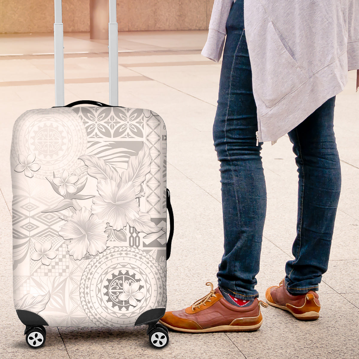 Samoa Siapo Pattern With White Hibiscus Luggage Cover LT05 White - Polynesian Pride