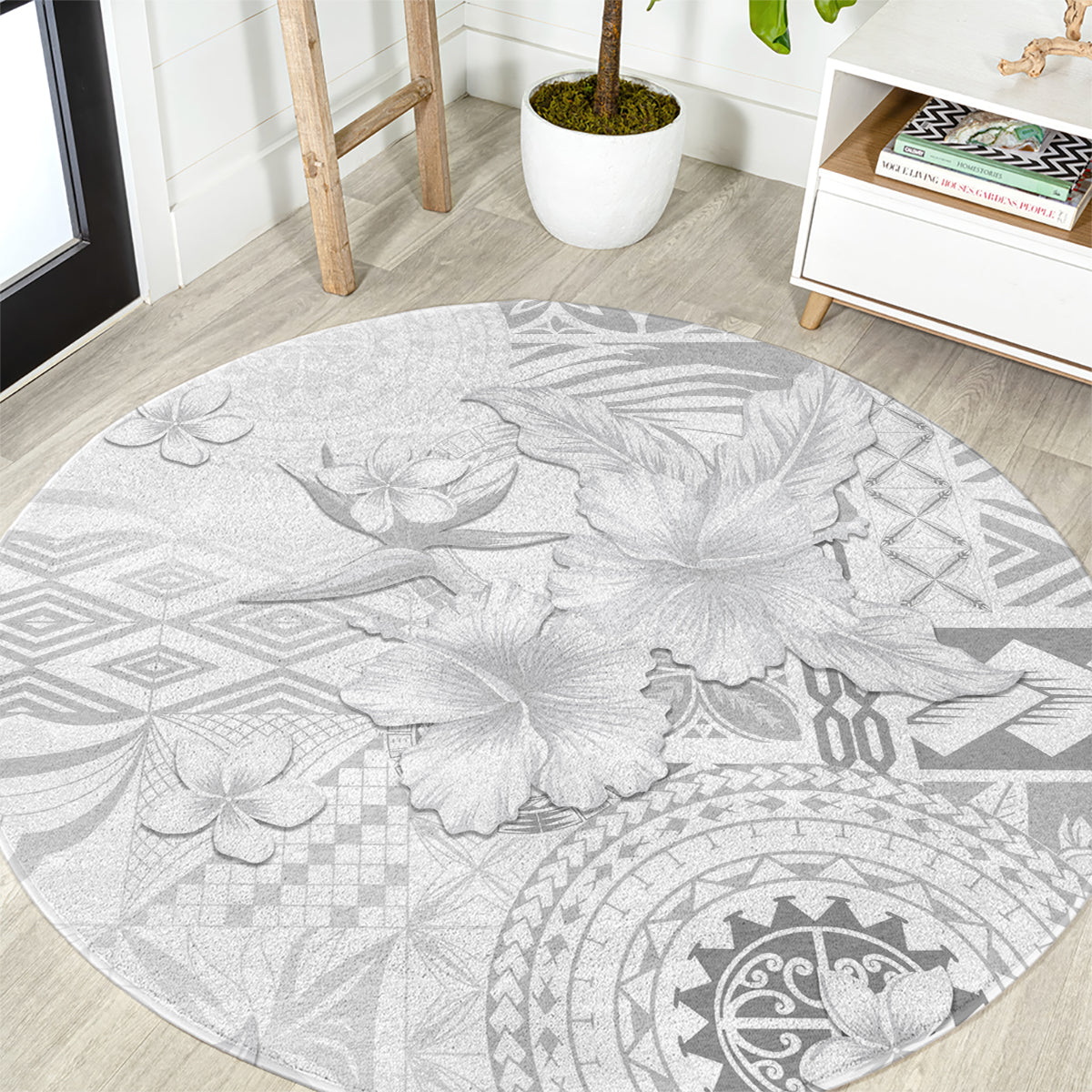 Samoa Siapo Pattern With White Hibiscus Round Carpet LT05 White - Polynesian Pride