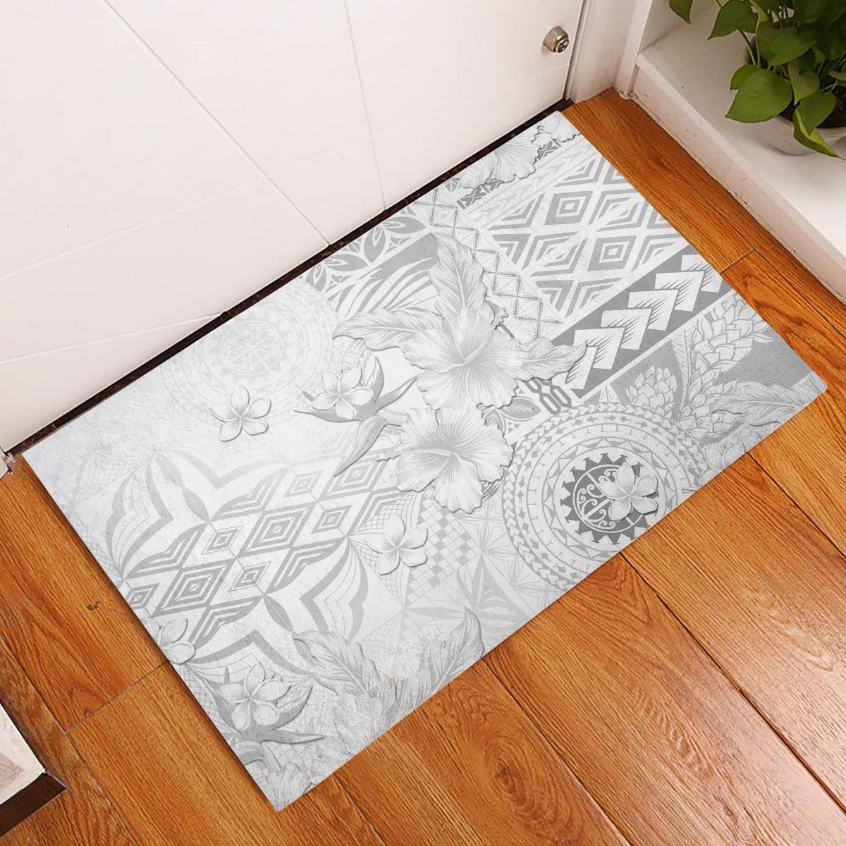 Samoa Siapo Pattern With White Hibiscus Rubber Doormat LT05 White - Polynesian Pride