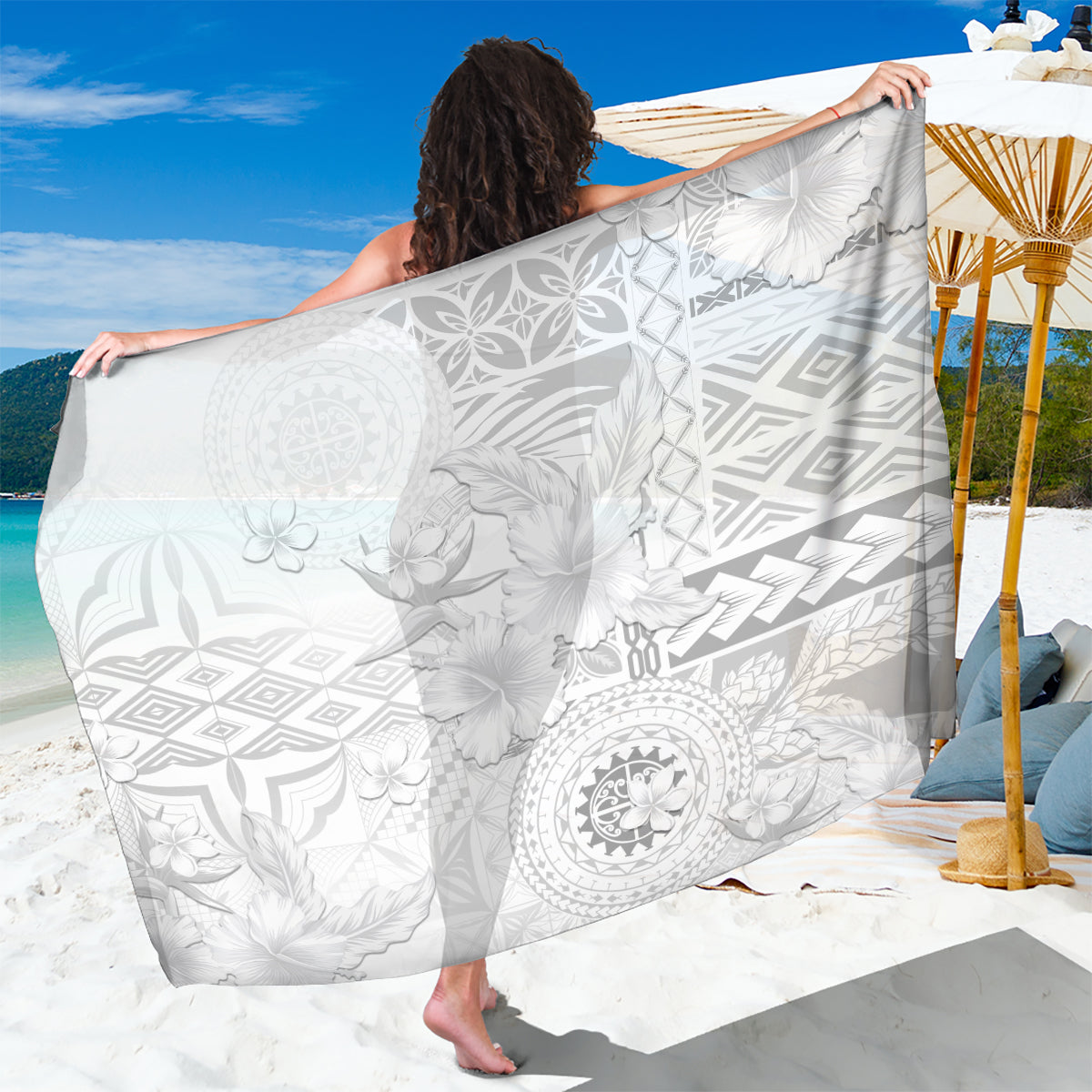 Samoa Siapo Pattern With White Hibiscus Sarong LT05 One Size 44 x 66 inches White - Polynesian Pride