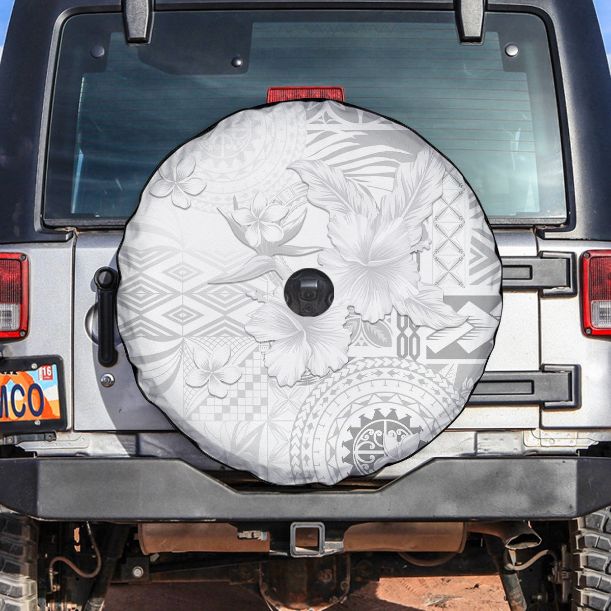 Samoa Siapo Pattern With White Hibiscus Spare Tire Cover LT05 White - Polynesian Pride