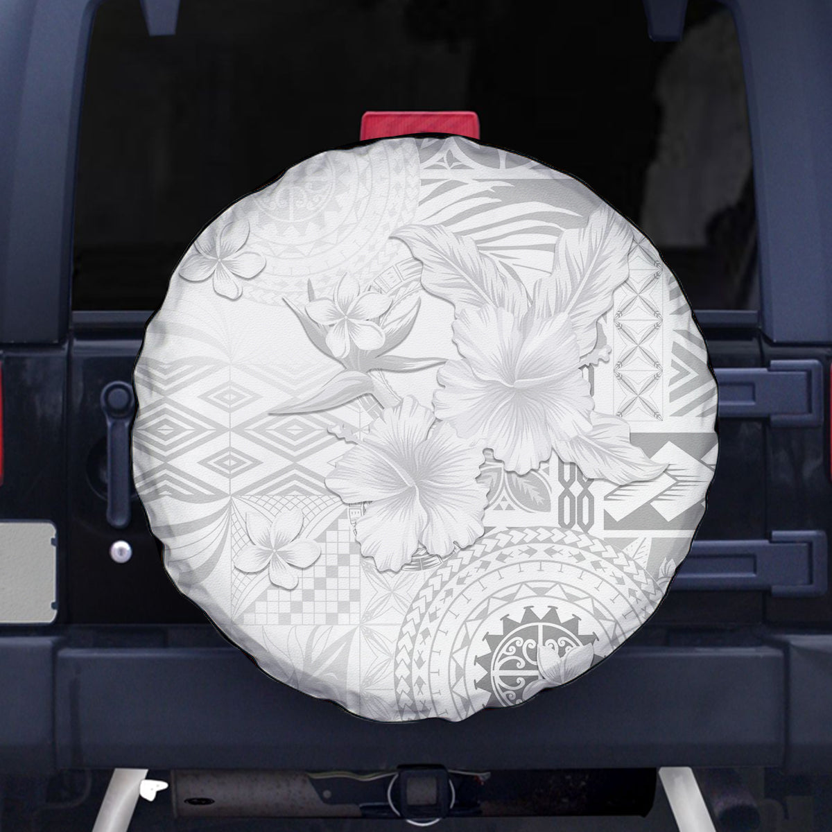 Samoa Siapo Pattern With White Hibiscus Spare Tire Cover LT05 - Polynesian Pride