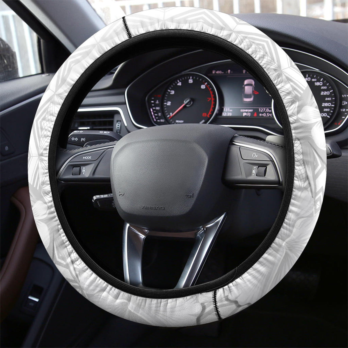 Samoa Siapo Pattern With White Hibiscus Steering Wheel Cover LT05 - Polynesian Pride
