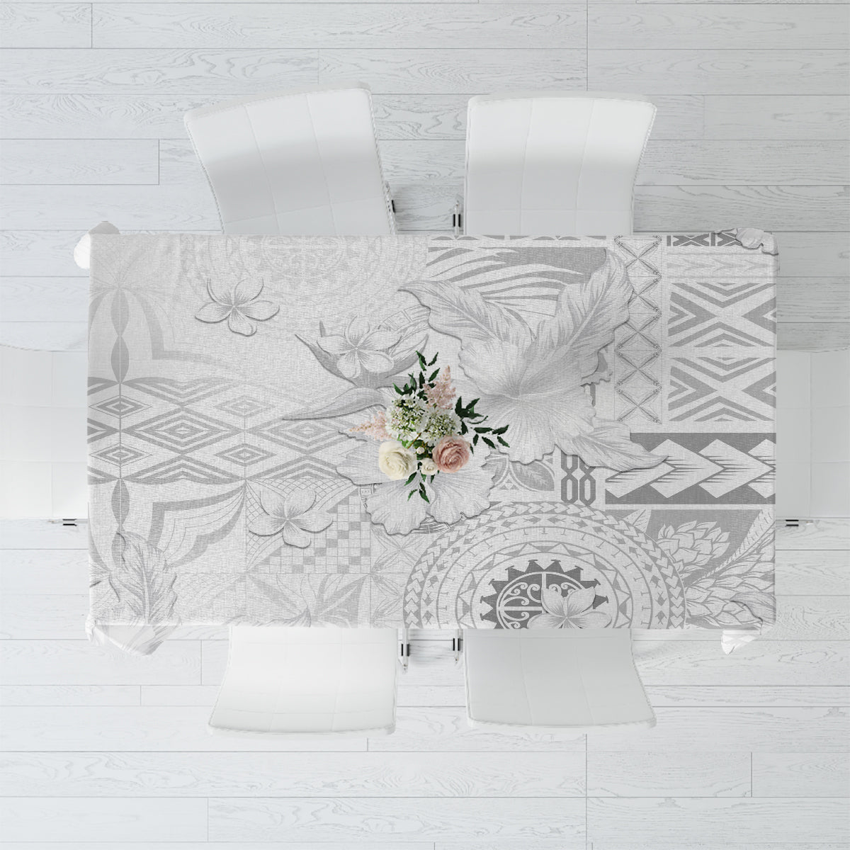 Samoa Siapo Pattern With White Hibiscus Tablecloth LT05 White - Polynesian Pride