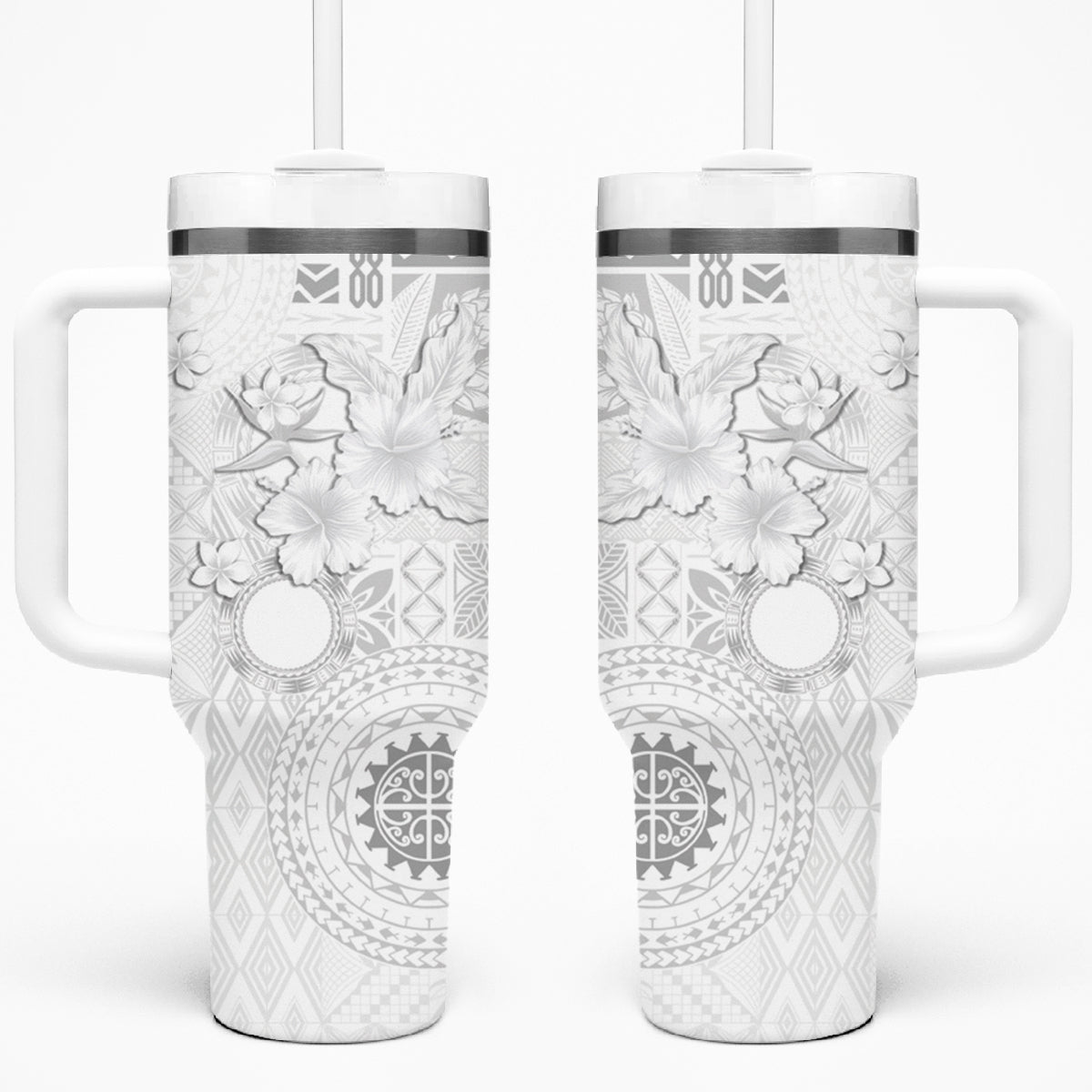 Samoa Siapo Pattern With White Hibiscus Tumbler With Handle LT05 One Size: 40 oz White - Polynesian Pride