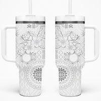 Samoa Siapo Pattern With White Hibiscus Tumbler With Handle LT05 One Size: 40 oz White - Polynesian Pride