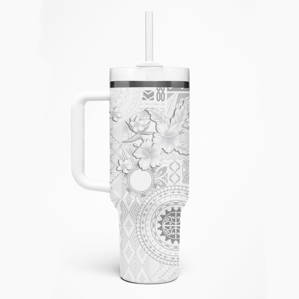 Samoa Siapo Pattern With White Hibiscus Tumbler With Handle LT05 - Polynesian Pride