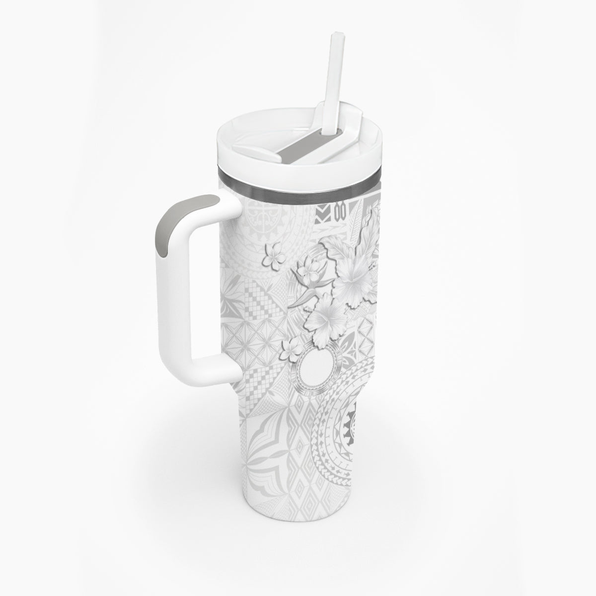 Samoa Siapo Pattern With White Hibiscus Tumbler With Handle LT05 - Polynesian Pride