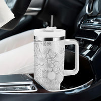 Samoa Siapo Pattern With White Hibiscus Tumbler With Handle LT05 - Polynesian Pride