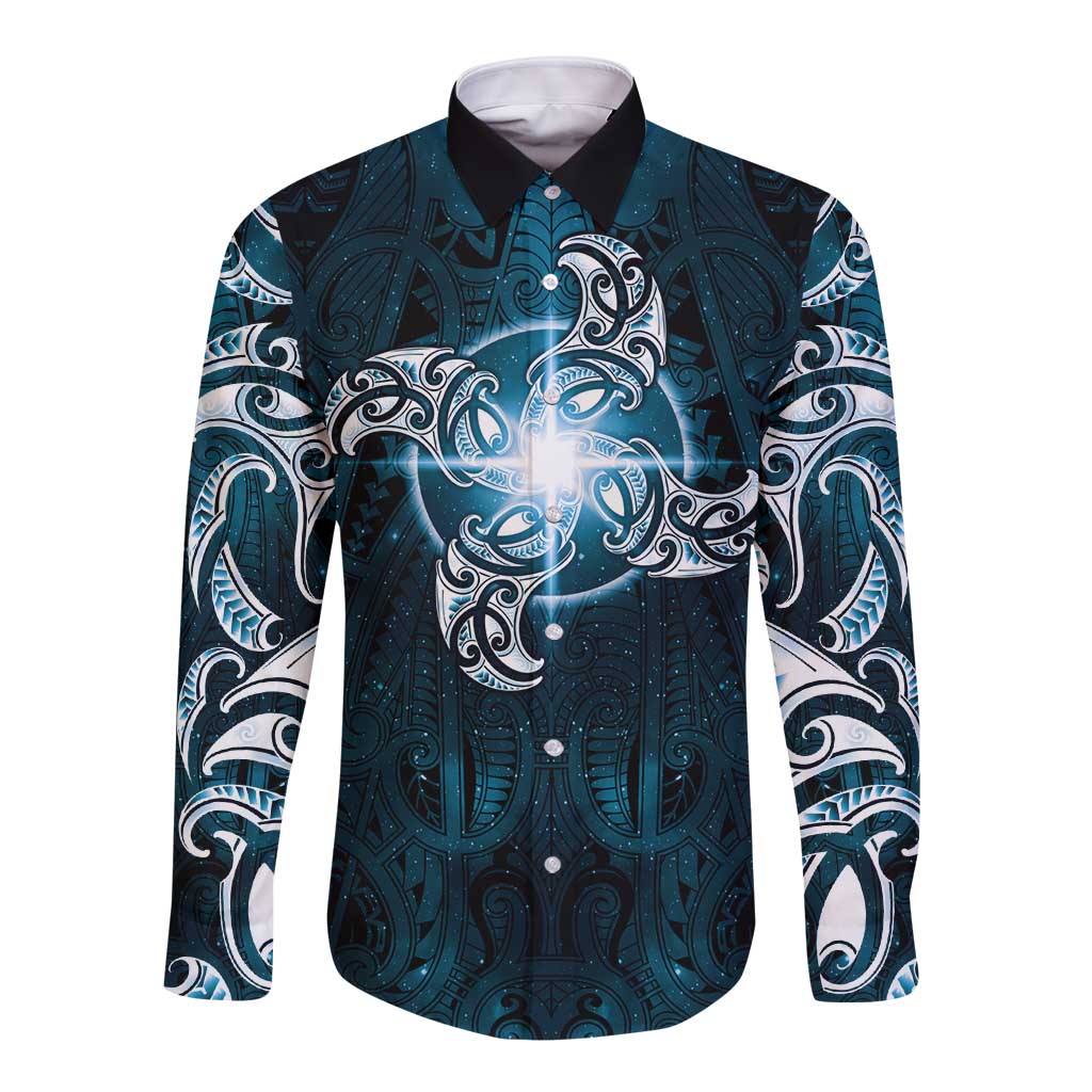 New Zealand Matariki Waita Long Sleeve Button Shirt Maori Moko Dark Blue Galaxy LT05 Unisex Blue - Polynesian Pride