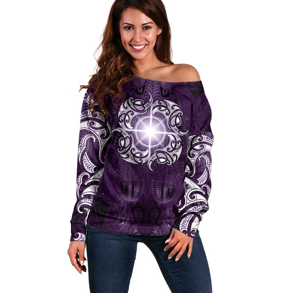 New Zealand Matariki Waipunarangi Off Shoulder Sweater Maori Moko Purple Galaxy LT05 Women Purple - Polynesian Pride