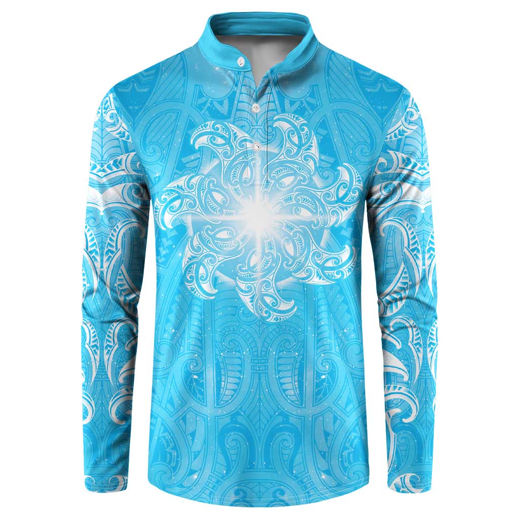 New Zealand Matariki Waiti Button Sweatshirt Maori Moko Cyan Galaxy LT05 Cyan - Polynesian Pride