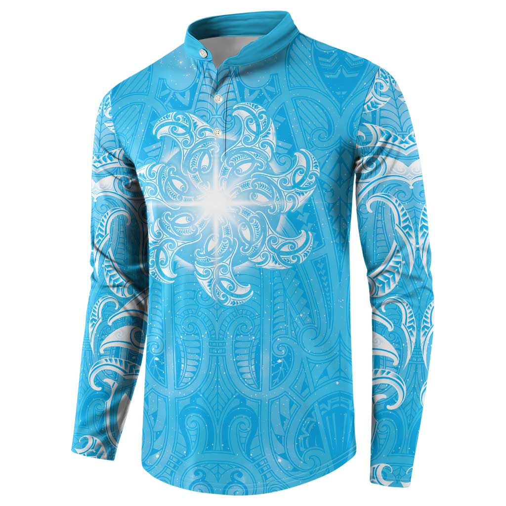 New Zealand Matariki Waiti Button Sweatshirt Maori Moko Cyan Galaxy LT05 - Polynesian Pride