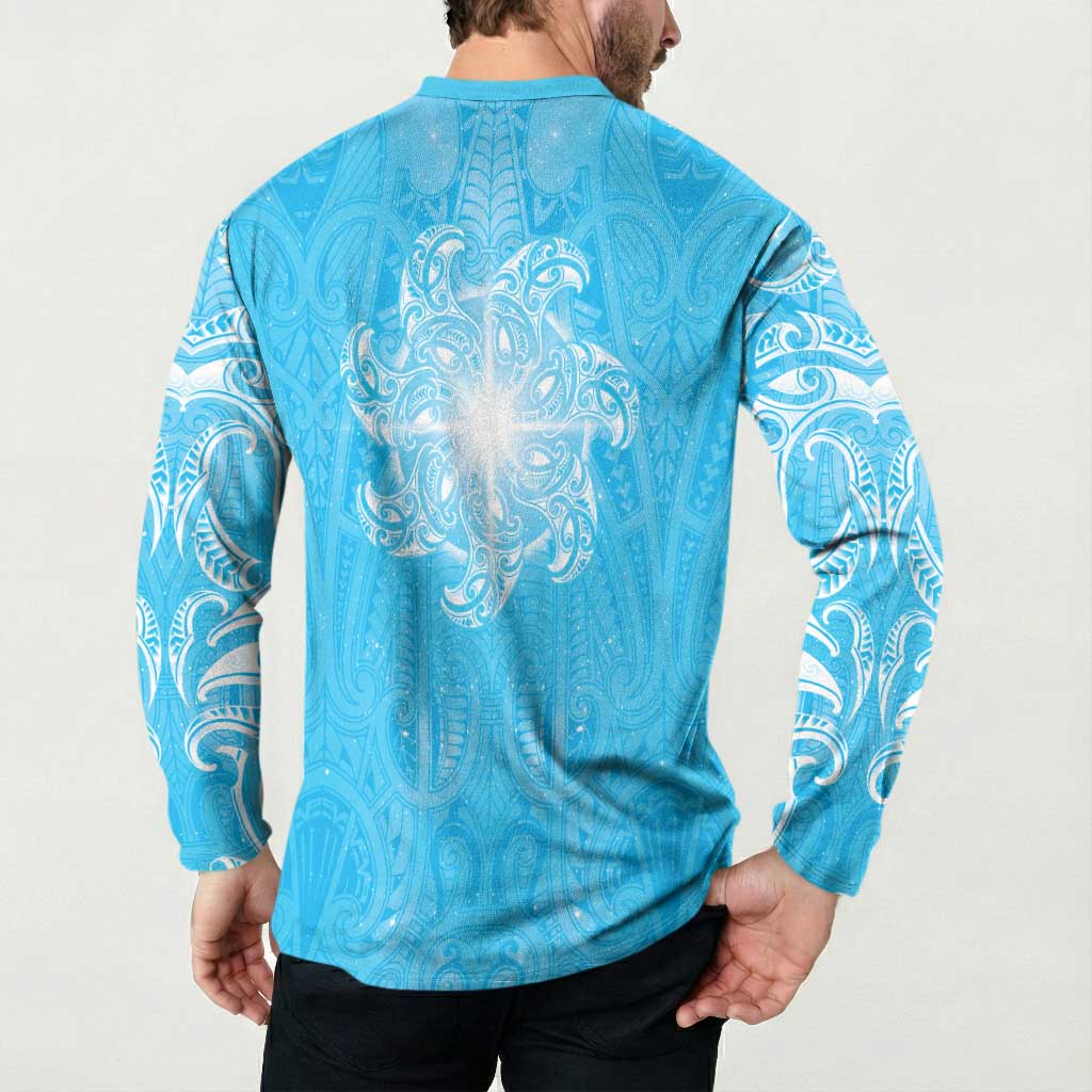 New Zealand Matariki Waiti Button Sweatshirt Maori Moko Cyan Galaxy LT05 - Polynesian Pride