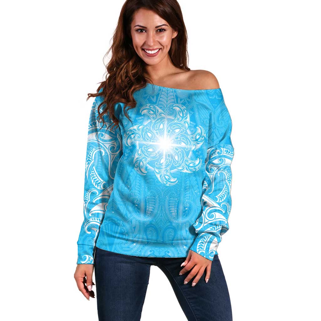New Zealand Matariki Waiti Off Shoulder Sweater Maori Moko Cyan Galaxy LT05 Women Cyan - Polynesian Pride
