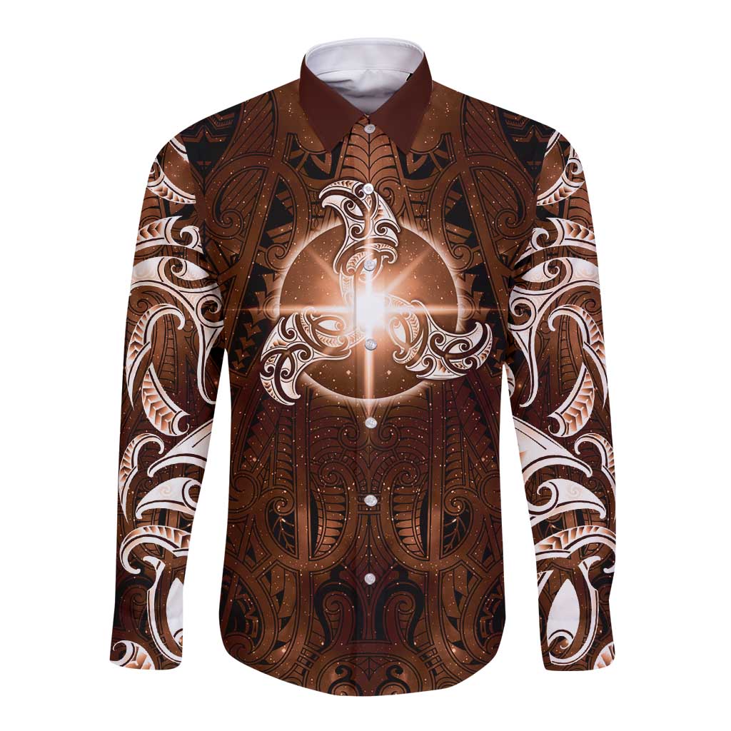 New Zealand Matariki Tupuanuku Long Sleeve Button Shirt Maori Moko Brown Galaxy LT05 Unisex Brown - Polynesian Pride