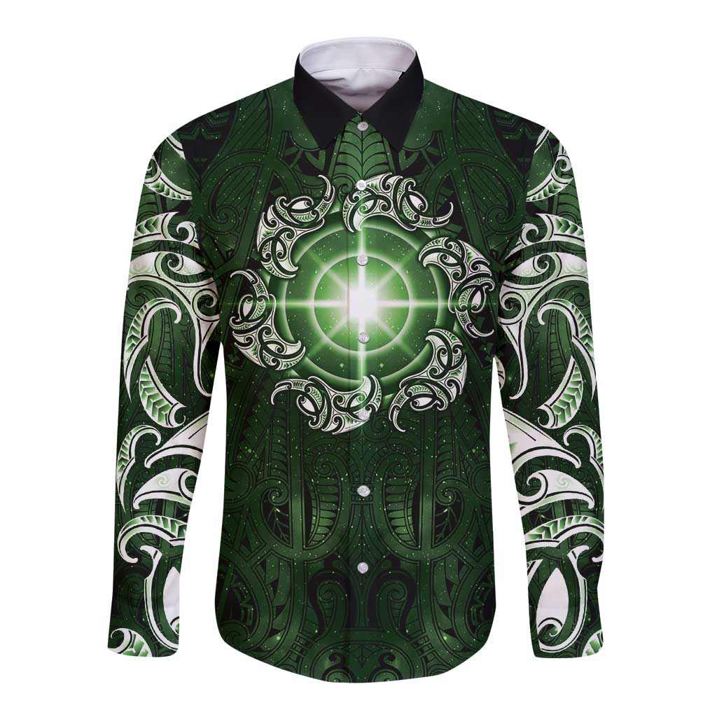 New Zealand Matariki Tupuarangi Long Sleeve Button Shirt Maori Moko Green Galaxy LT05 Unisex Green - Polynesian Pride