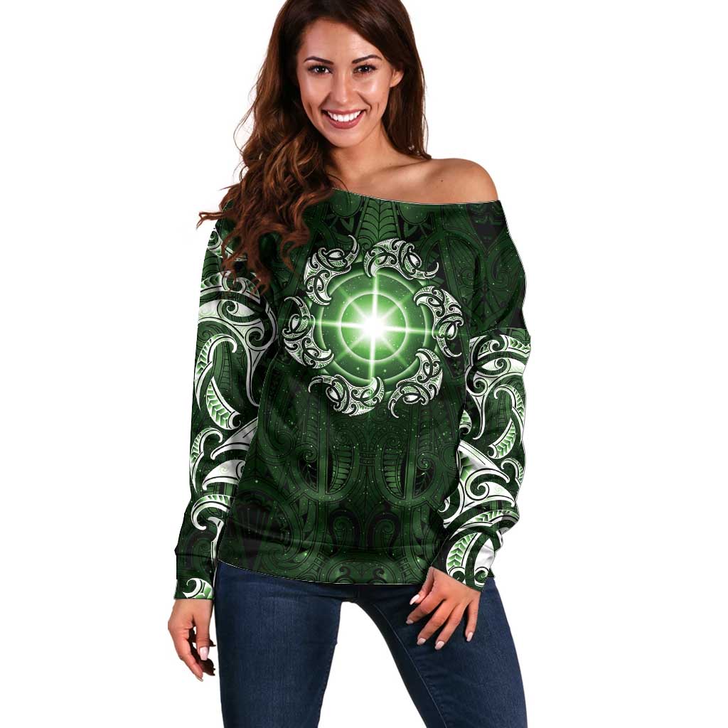 New Zealand Matariki Tupuarangi Off Shoulder Sweater Maori Moko Green Galaxy LT05 Women Green - Polynesian Pride