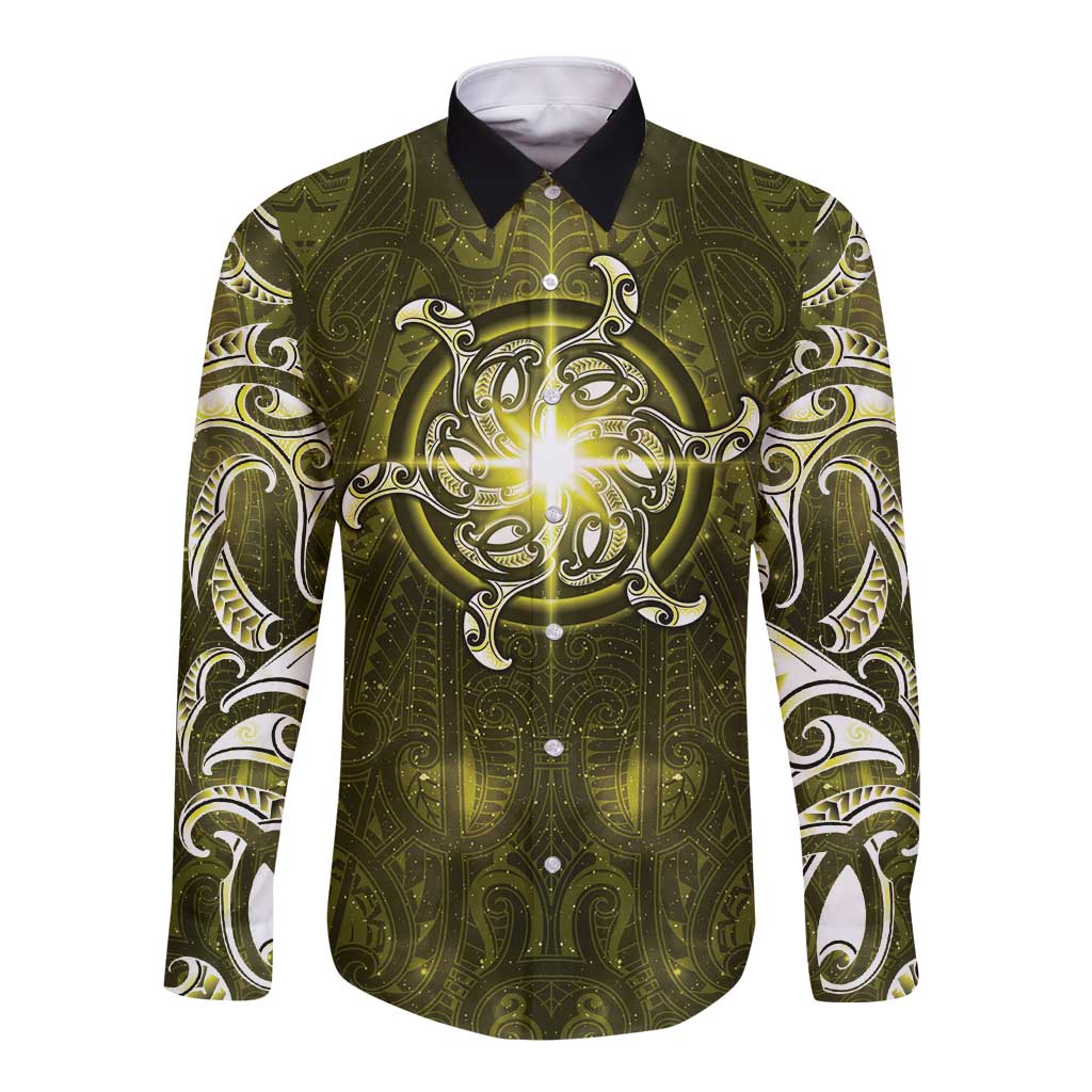 New Zealand Matariki Hiwaiterangi Long Sleeve Button Shirt Maori Moko Yellow Galaxy LT05 Unisex Yellow - Polynesian Pride