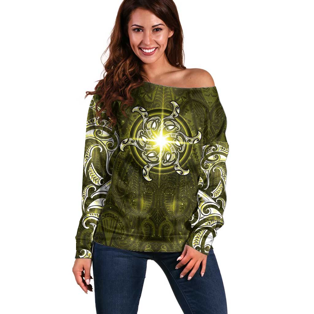 New Zealand Matariki Hiwaiterangi Off Shoulder Sweater Maori Moko Yellow Galaxy LT05 Women Yellow - Polynesian Pride