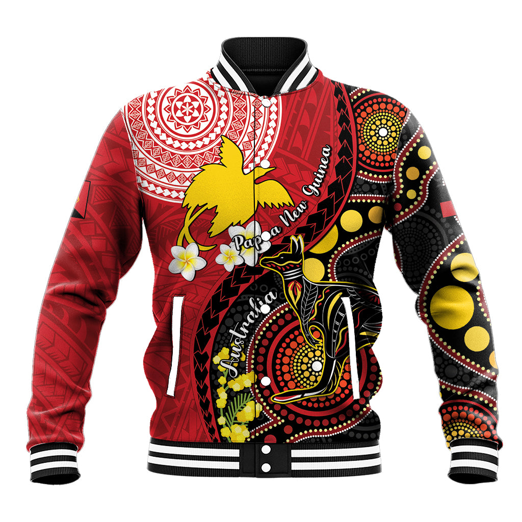 Papua New Guinea And Australia Aboriginal Baseball Jacket Bird Of Paradise And Kangaroo Together LT05 Unisex Red - Polynesian Pride