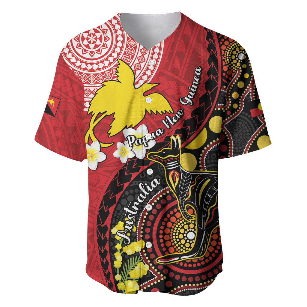 Papua New Guinea And Australia Aboriginal Baseball Jersey Bird Of Paradise And Kangaroo Together LT05 Red - Polynesian Pride