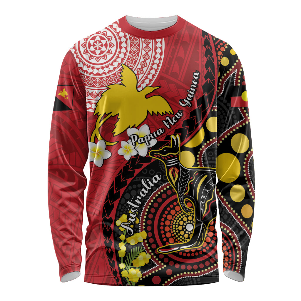 Papua New Guinea And Australia Aboriginal Long Sleeve Shirt Bird Of Paradise And Kangaroo Together LT05 Unisex Red - Polynesian Pride