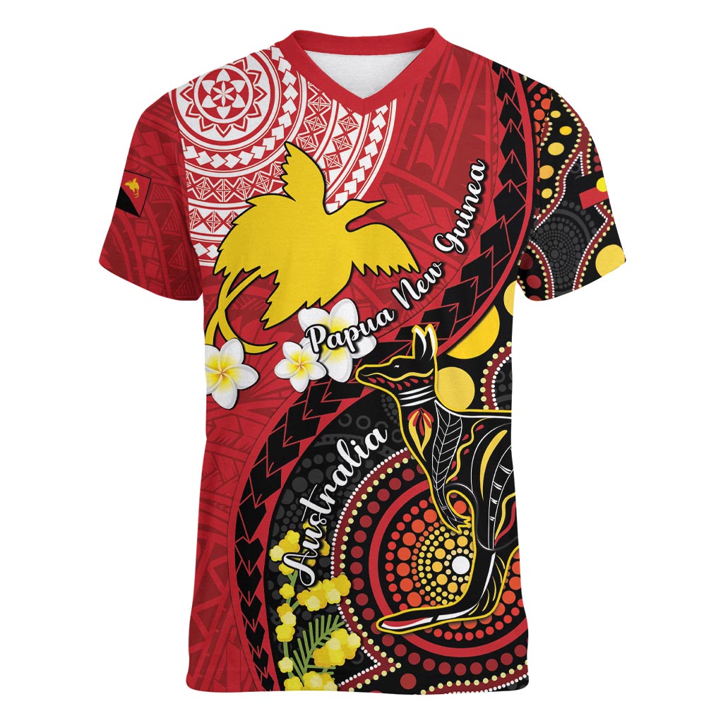 Papua New Guinea And Australia Aboriginal Women V-Neck T-Shirt Bird Of Paradise And Kangaroo Together