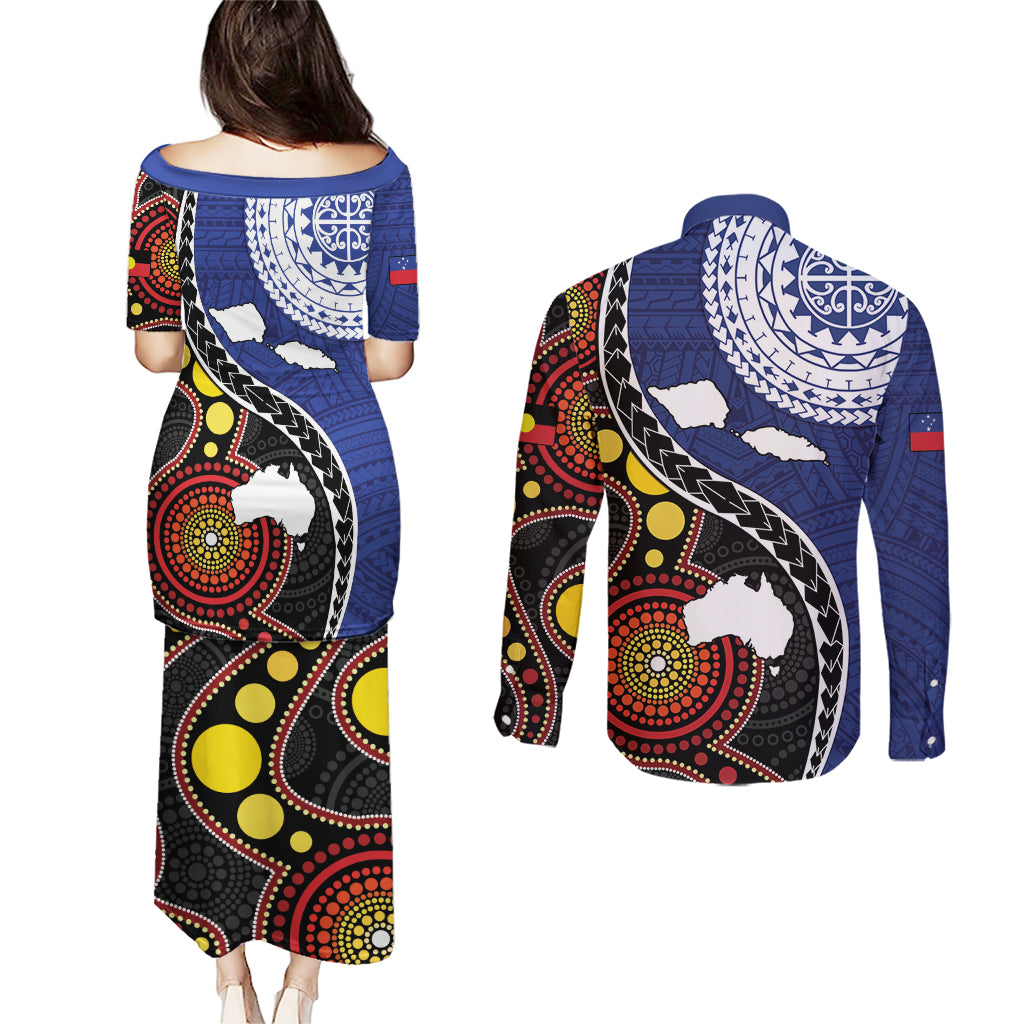Samoa And Australia Together Couples Matching Puletasi and Long Sleeve Button Shirt Aboriginal Mix Polynesian LT05 - Polynesian Pride